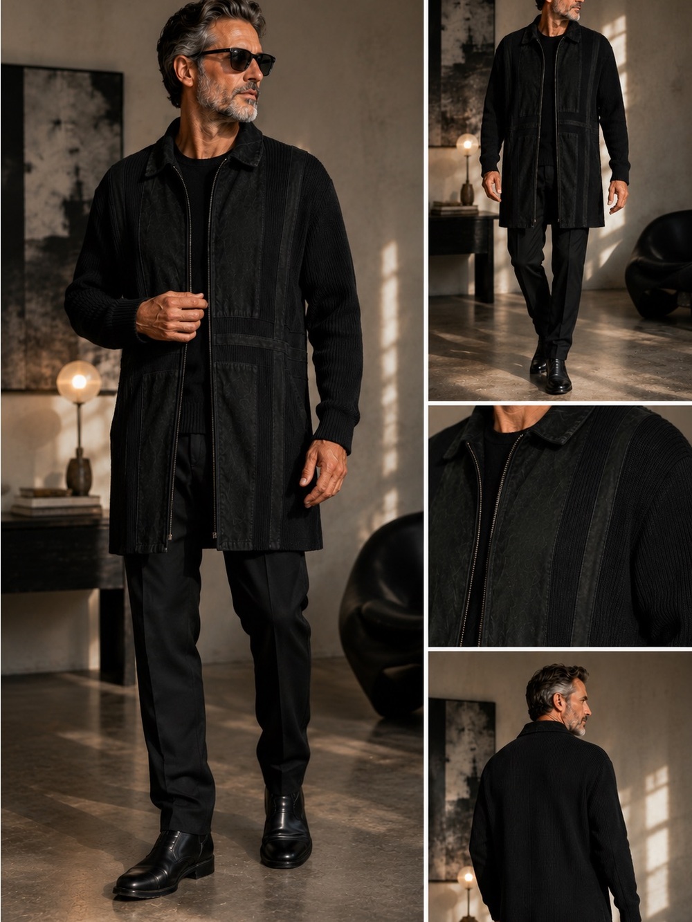 Lorenzo Men’s XXL Suede Leather 100% Wool Jacket Cardigan Black Zip Front